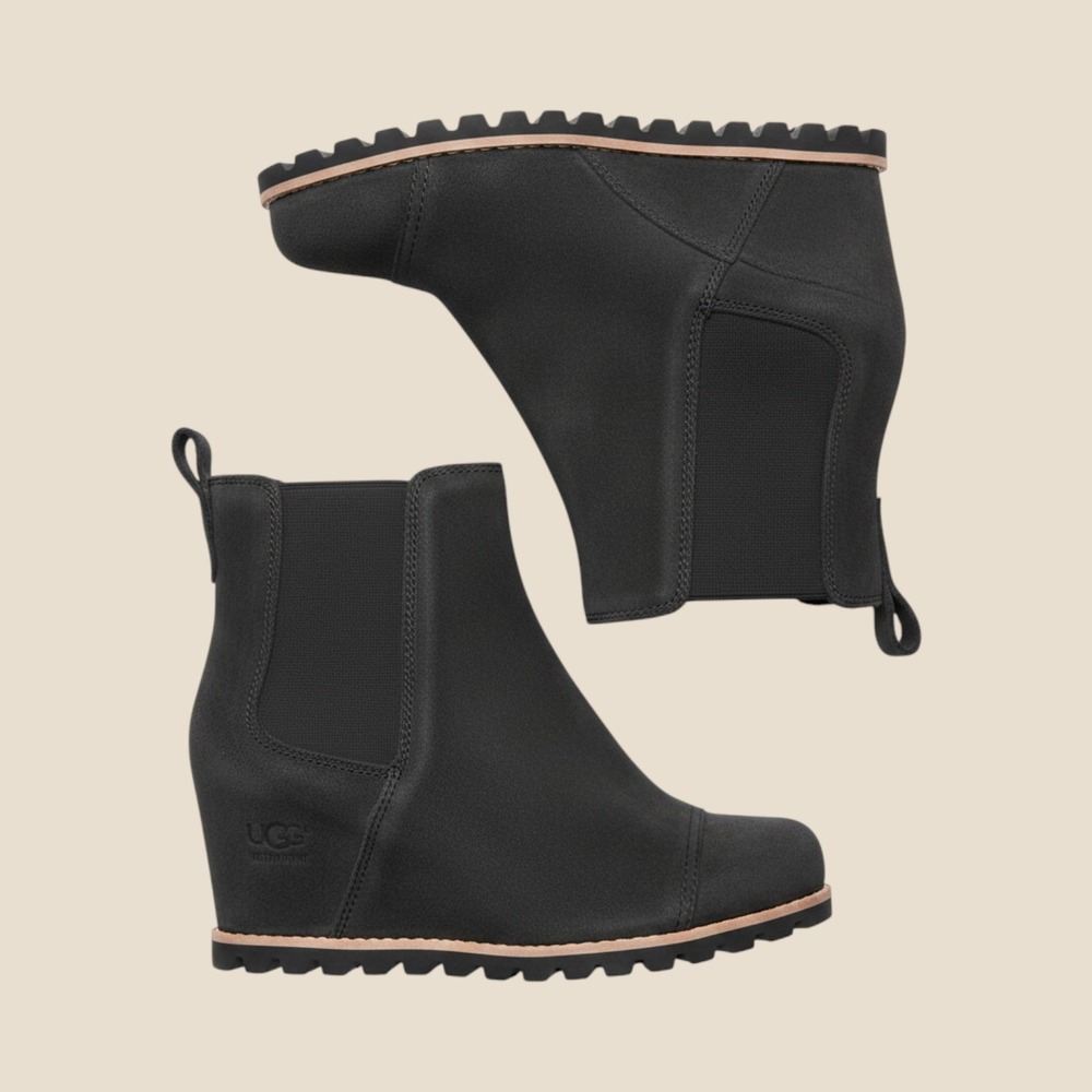 UGG Kasen Waterproof Wedge Booties Black Suede Chelsea Ankle‎ Boots Womens